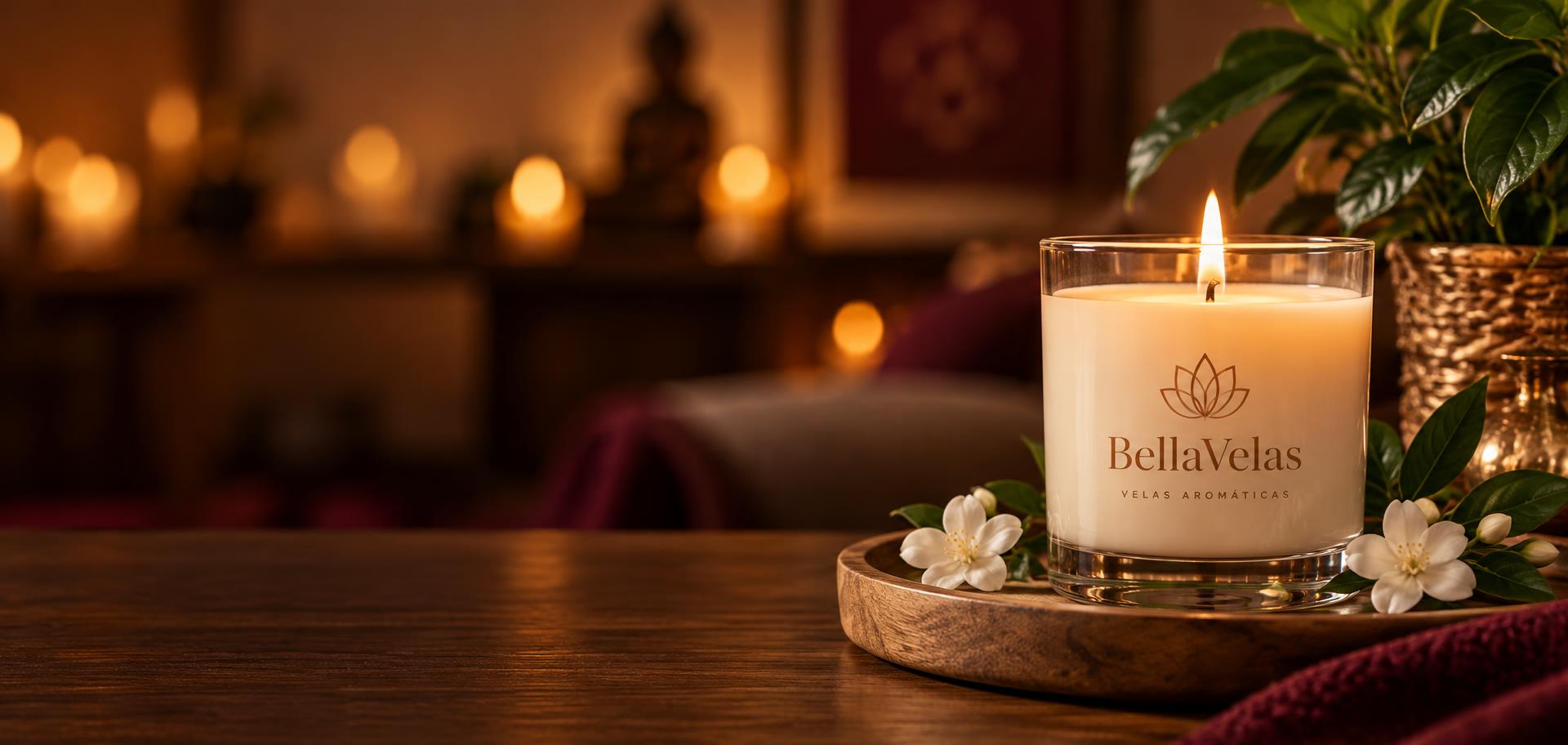Vela aromática BellaVelas acesa sobre bandeja de madeira
